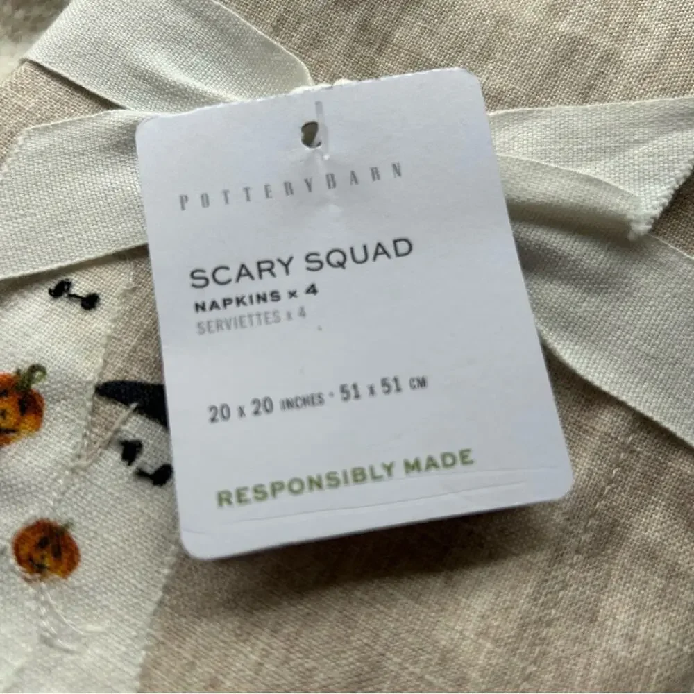 Pottery Barn 4 Halloween Napkins The Scary Squad 20” Square Organic Cotton NWT